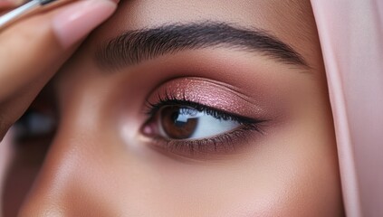 Close-up of woman's eye with pink eyeshadow and hijab.