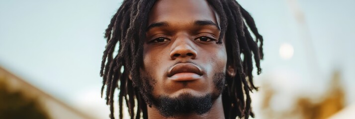 A young man with dreadlocks looks directly at the camera with a confident expression, conveying strength, individuality, and a sense of purpose.  His facial expression is calm and composed, suggesting