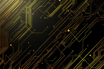 A modern abstract design featuring gold lines and dots representing network science and technology on a high-tech dark background. Ideal for templates, web design, and presentations