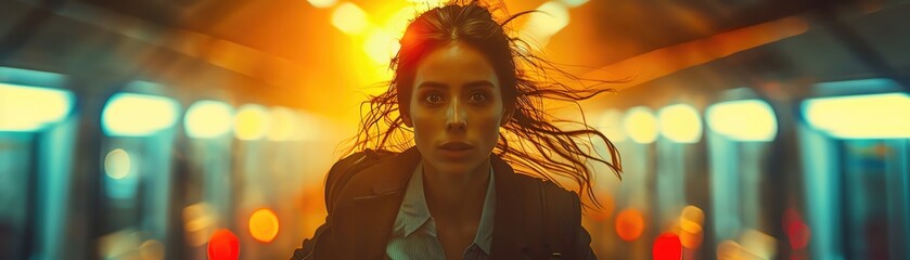 Woman in a jacket with long hair, running through a city at night with bright lights in the background.