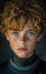 Poster - A young boy with blue eyes and red hair. He has a scruffy beard and a few freckles on his face