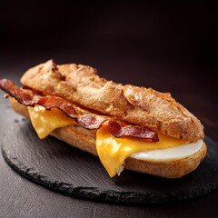 Wall Mural - Delicious Breakfast Sandwich with Bacon, Egg, and Cheese A Gourmet Pork Delight on a Freshly Baked Baguette.