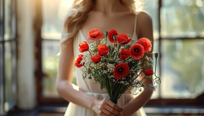 Wall Mural - Beautiful woman hands holding a bouquet of red poppy flowers background 