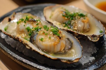 Wall Mural - Two grilled scallops in their shells, drizzled with butter sauce, topped with green onions and served on ice.