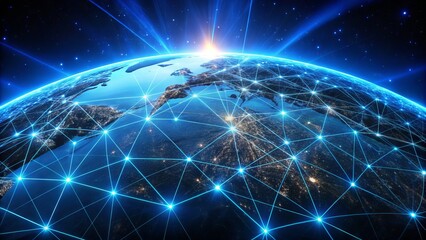a futuristic global network of interconnected glowing blue lines and nodes illuminates the darkened 