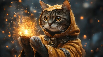 Mystical Cat Archmage in Enchanted Cosmic Landscape