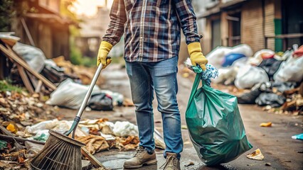 A gloved hand holds a trash picker while standing amidst a littered outdoor area, surrounded by discarded waste and debris, awaiting cleaning and restoration.