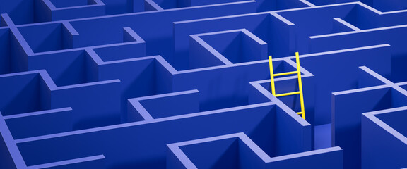 Concept - solving a complex problem by thinking out of the box or cheating. Blue maze and floor with a yellow ladder leaned against the wall. Web banner format