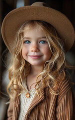 Wall Mural - A young girl with long blonde hair and blue eyes is wearing a brown hat and a brown jacket. She is smiling and looking at the camera