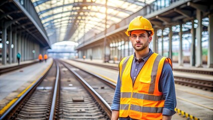 Industrial Worker in a Railway Station Wearing High-Visibility Gear with a Train Approaching