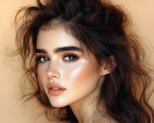 A closeup portrait of a young woman with flowing dark hair highlighting her captivating gaze and flawless makeup