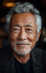 Wall Mural - A man with a white beard and gray hair is smiling. He is wearing a black shirt and a black jacket