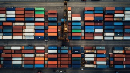 Commercial dock with cargo ship, container ship, and distribution warehouse.