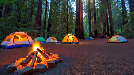 forest camping with glowing tents and campfire