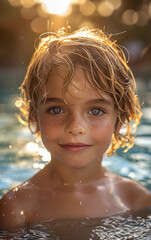 Wall Mural - A young boy with blonde hair and blue eyes is in the water. He is smiling and looking at the camera