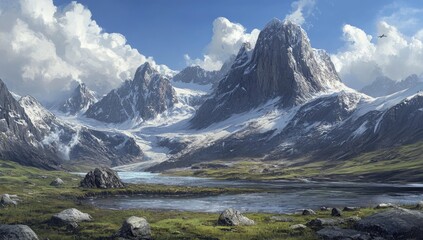 Wall Mural - Snowy mountains, river, and green valley.