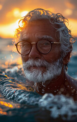 Poster - A man in glasses is in the water, with his head above the water. The water is choppy and the sun is setting in the background