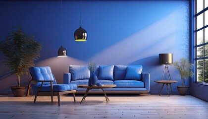 Wall Mural - interior background home light render house decoration apartment brick contemporary modern blue. Generative AI.