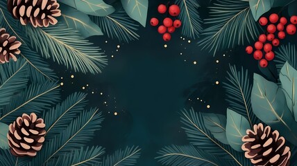 Wall Mural - Christmas winter background with red berries pine cones illustration