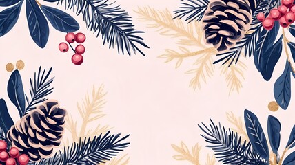 Wall Mural - Christmas winter background with red berries pine cones illustration