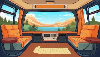 Motorhome vehicle interior camping seat transportation van vacation trip travel home camper journey window