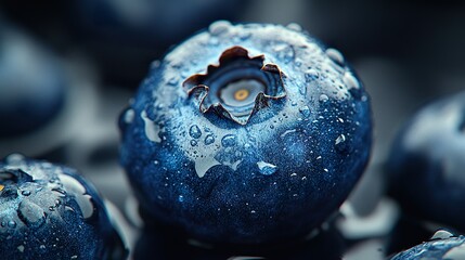 Wall Mural - A detailed image of a blueberry with a focus on its surface details and rich blue hue, isolated on a dark background 