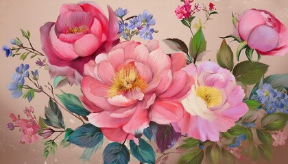 Wall Mural - Rose watercolor flowers floral romantic peony pink art nature pattern