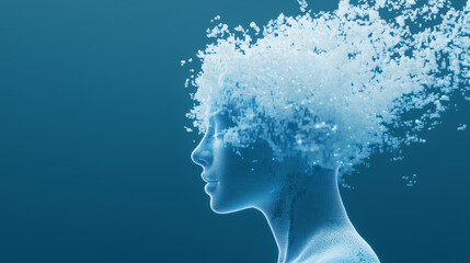 Abstract portrait of an Asian woman with hair made from white particles, against a blue background, in a futuristic style