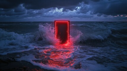 Super realistic glowing door with red LEDs, turbulent waves, dark sky, natural light, Fuji Super X-TRA 400 film