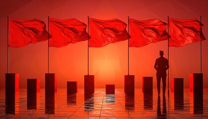 Poster - 3D silhouette of businessman with flag standing on top bar graph.