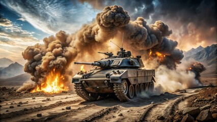 Armored infantry fighting vehicle with cannon and machine gun turrets navigates through dusty, rocky terrain, smoke billowing from nearby explosions in a war-torn landscape.