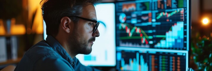 Wall Mural - Businessman intently analyzing financial growth charts and data on his computer