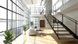 © Aris Suwanmalee - Modern loft interior with large windows, wooden floors, and a staircase leading to an upper level.  Sunlight streams through the windows.