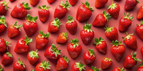 Vibrant red strawberries scattered across a bright background, forming a picturesque pattern, evoking the sweetness and freshness of summer's berry harvest, perfect for food and lifestyle visuals.