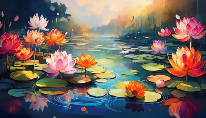 Wall Mural - Tranquil Lotus Flowers and Water Lilies in a Pond Painting Serene Nature Scene with Floral Reflections