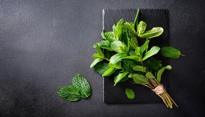 Fresh mint on a cutting board with a blackened surface