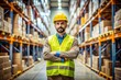 © Sirinporn - Confident worker stands with arms crossed, dressed in a safety uniform and helmet, amidst packed shelves and cardboard boxes in a bustling warehouse storage area.