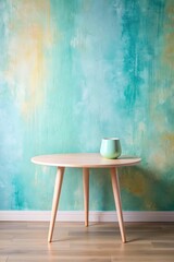 Wall Mural - Minimalist room with a turquoise wall and a small table.