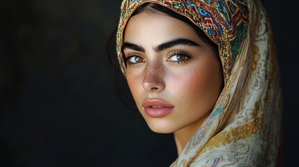 A full-shot of an Egyptian woman in traditional attire such as a richly embroidered galabiya or a decorative shawl, showcasing cultural patterns 