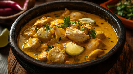 Close up of a Mexican chicken dish in a creamy yellow sauce, garnished with lime and chopped herbs, served in a dark brown bowl on a wooden table