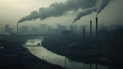 Smog fills the sky above an industrial city.