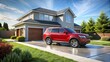 © Man888 - A sleek, shiny red SUV parked diagonally on a gray asphalt driveway in front of a modern suburban home on a sunny day.