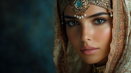 A realistic image of a Saudi Arabian woman adorned with traditional accessories like intricate jewelry or a decorative headpiece, isolated on a dark background