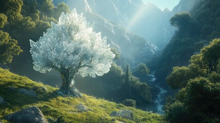 A crystal tree standing out against a backdrop of trees in a verdant valley.