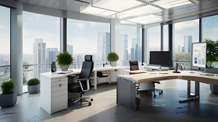 business meeting room Modern cozy living room and blue wall texture background interior design / 3D rendering Modern open space office with city view