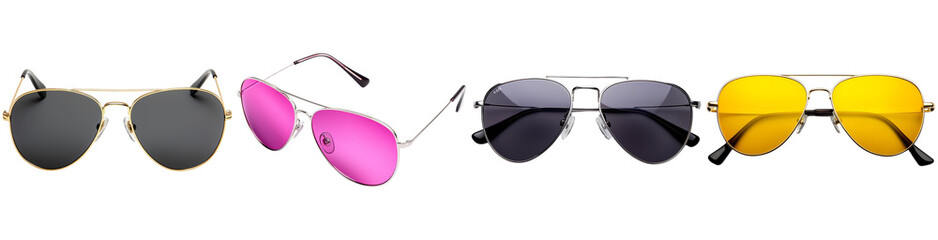 Collection of trendy sunglasses in various colors including black, pink, yellow, and gray. Fashion accessory for summer and outdoor activities.