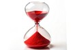 © Sirinporn - Vibrant red sand flows gradually from top to bottom through a transparent hourglass, symbolizing urgency and limited time, isolated against a crisp white background.