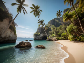 Wall Mural -  A hidden beach cove surrounded by tall cliffs and dense vegetation. The clear, turquoise water gently laps at the sandy shore, and palm trees provide shade along the edges of the beach.