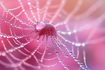 macro dewdrops on gossamer spider web prismatic light refraction intricate patterns ethereal beauty