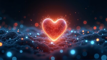 A glowing, digital heart made of interconnected nodes and lines pulses with vibrant energy against a dark, futuristic background, symbolizing love and technology.